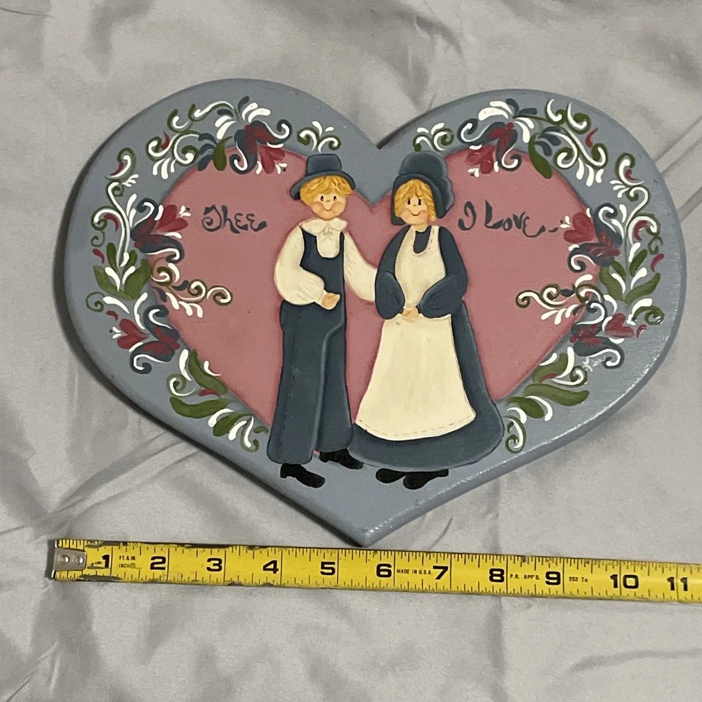 VTG Wooden Heart Shaped Hand‎ Painted Folk Art Wall Decor Cottage Farm